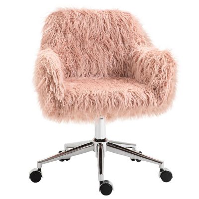 Vinsetto Faux Fur Desk Chair Swivel Vanity Chair Adjustable Height and Wheels for Office Bedroom Pink Image 1