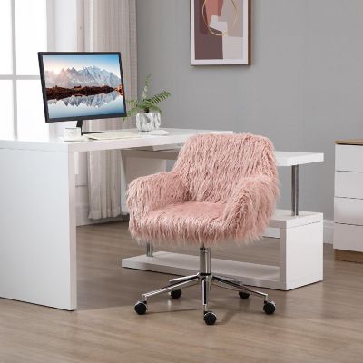 Vinsetto Faux Fur Desk Chair Swivel Vanity Chair Adjustable Height and Wheels for Office Bedroom Pink Image 2