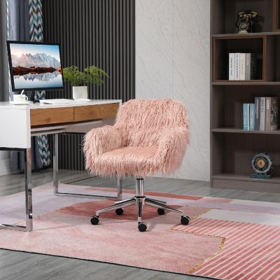 Vinsetto Faux Fur Desk Chair Swivel Vanity Chair Adjustable Height and Wheels for Office Bedroom Pink Image 3