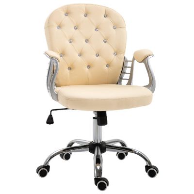 Vinsetto Vanity PU Leather Mid Back Office Chair Swivel Tufted Backrest Task Chair Padded Armrests Adjustable Height Rolling Wheels Beige Image 1