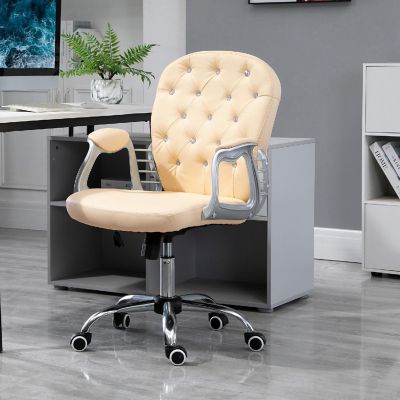 Vinsetto Vanity PU Leather Mid Back Office Chair Swivel Tufted Backrest Task Chair Padded Armrests Adjustable Height Rolling Wheels Beige Image 2