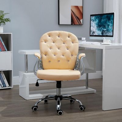Vinsetto Vanity PU Leather Mid Back Office Chair Swivel Tufted Backrest Task Chair Padded Armrests Adjustable Height Rolling Wheels Beige Image 3