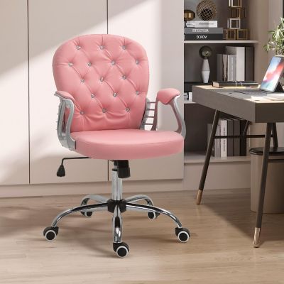 Vinsetto Vanity PU Leather Mid Back Office Chair Swivel Tufted Backrest Task Chair Padded Armrests Adjustable Height Rolling Wheels Pink Image 2