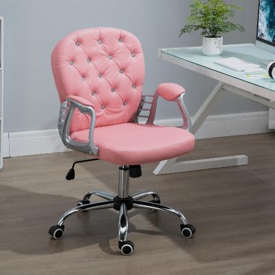 Vinsetto Vanity PU Leather Mid Back Office Chair Swivel Tufted Backrest Task Chair Padded Armrests Adjustable Height Rolling Wheels Pink Image 3