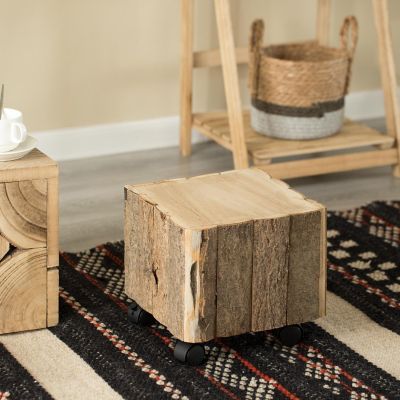 Vintiquewise Accent Decorative Natural Wooden Square Stump Stool, with Wheels for Indoor and Outdoor Image 2