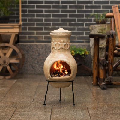 Vintiquewise Beige Outdoor Clay Chiminea Outdoor Fireplace Maya Design Charcoal Burning Fire Pit Image 1