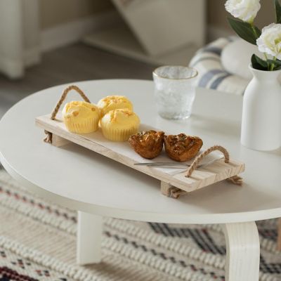 Vintiquewise Decorative Natural Wood Rectangular Tray Serving Board with Rope Handles Image 1