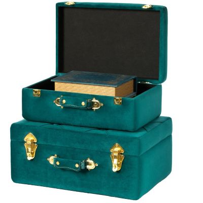 Vintiquewise Decorative Tufted Velvet Suitcase Treasure Chest Set of 2, Green Image 1