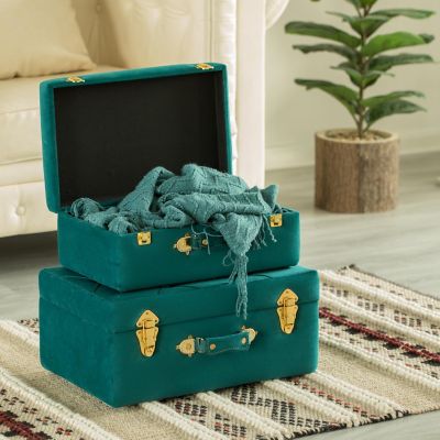 Vintiquewise Decorative Tufted Velvet Suitcase Treasure Chest Set of 2, Green Image 1