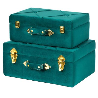 Vintiquewise Decorative Tufted Velvet Suitcase Treasure Chest Set of 2, Green Image 2