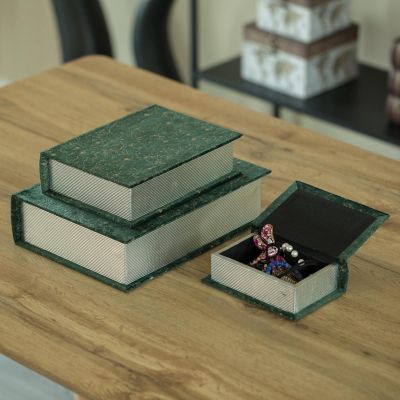 Vintiquewise Green Set of 3 Velvet Vintage Storage Wooden Antique Classic Decorative Book Box Holder Image 1