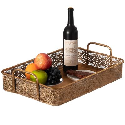 Vintiquewise Metal Gold Rectangular Serving Tray with Oval Design and Handles, Large Image 1