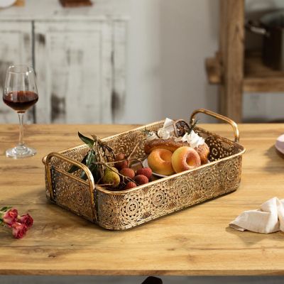 Vintiquewise Metal Gold Rectangular Serving Tray with Oval Design and Handles, Small Image 1