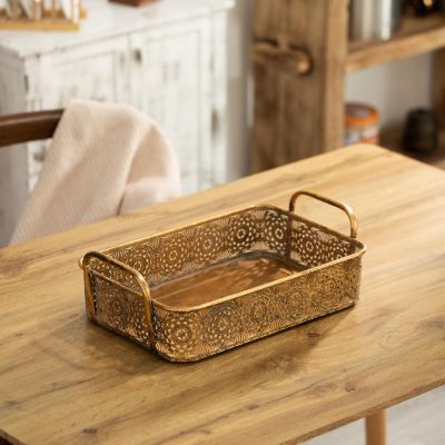 Vintiquewise Metal Gold Rectangular Serving Tray with Oval Design and Handles, Small Image 2