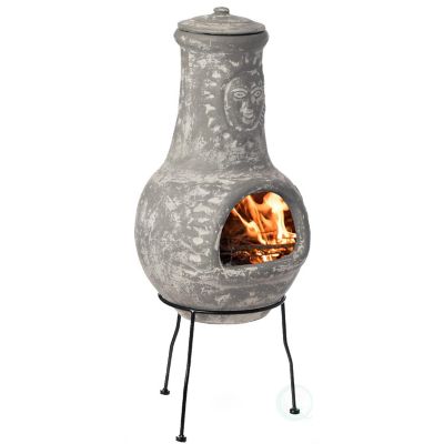 Vintiquewise Outdoor Clay Chiminea Fireplace Sun Design Wood Burning Fire Pit with Sturdy Metal Stand Image 1