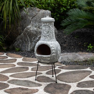 Vintiquewise Outdoor Clay Chiminea Fireplace Sun Design Wood Burning Fire Pit with Sturdy Metal Stand Image 2