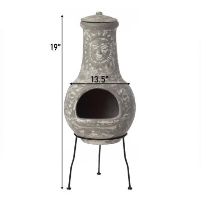 Vintiquewise Outdoor Clay Chiminea Fireplace Sun Design Wood Burning Fire Pit with Sturdy Metal Stand Image 3