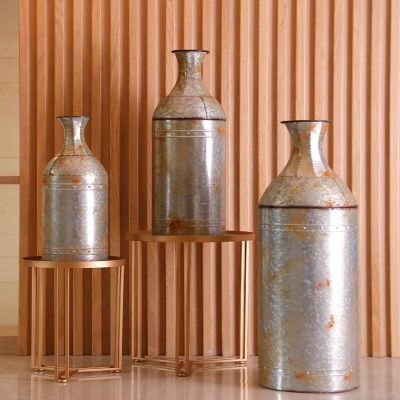 Vintiquewise Rustic Farmhouse Style Galvanized Metal Floor Vase Decoration, Set of 3 Image 1