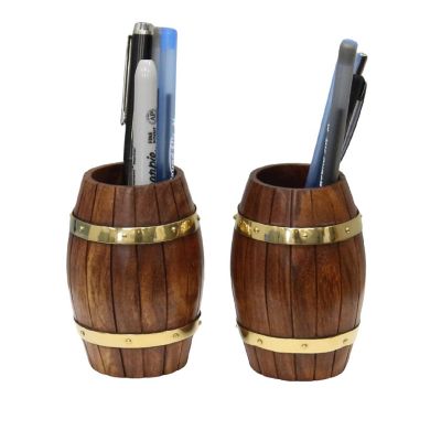 Vintiquewise Set of Two Decorative Wine Barrel Shaped Wooden Pen Holders for Office Desk, or Entryway Image 1