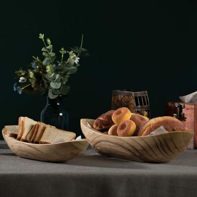 Vintiquewise Wood Carved Boat Shaped Bowl Basket Rustic Display Tray - Set of 2 Image 1