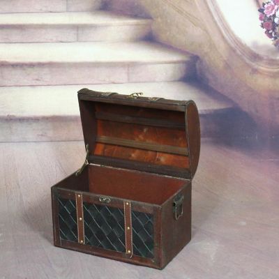 Vintiquewise Wooden Leather Round Top Treasure Chest, Decorative storage Trunk with Lockable Latch Image 2