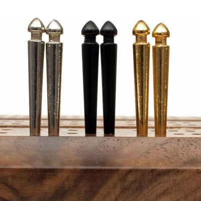 WE Games Premium Easy Grip Cribbage Pegs with a Tapered Design & Velvet Pouch - Set of 9 (3 Brass, 3 Chrome, 3 Black) Image 1