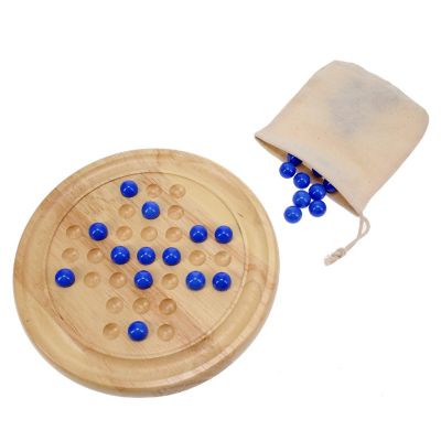 WE Games Solid Wood Solitaire with Blue Glass Marbles - 9 in. Diameter Image 2