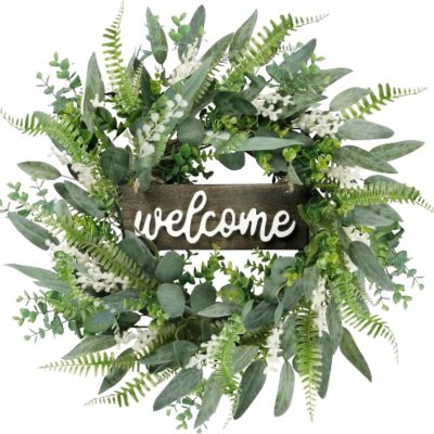 Welcome Eucalyptus Wreath - 20in with White Berries Image 1