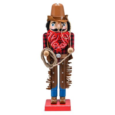 Western Cowboy Nutcracker Brown and Red Wooden Nutcracker Cow Boy with a Rope and Lasso Image 1