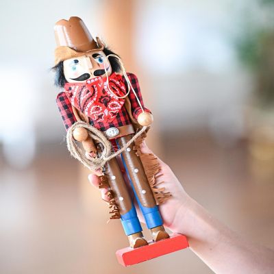 Western Cowboy Nutcracker Brown and Red Wooden Nutcracker Cow Boy with a Rope and Lasso Image 3