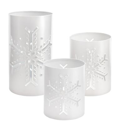 White Galvanized Snowflake Candle Lanterns 3pc Set, for Christmas Pillars Image 1