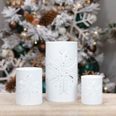 White Galvanized Snowflake Candle Lanterns 3pc Set, for Christmas Pillars Image 1