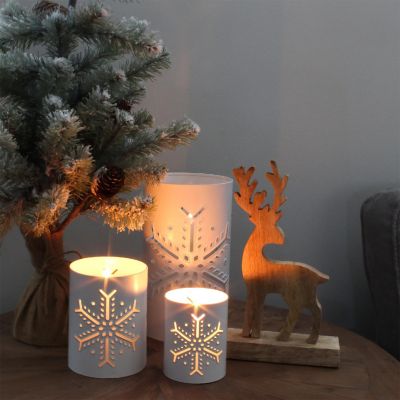 White Galvanized Snowflake Candle Lanterns 3pc Set, for Christmas Pillars Image 2