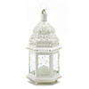 White Metal Moroccan Style Hanging Candle Lantern With Etched Floral Glass 12" Tall Image 1