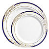 White with Blue and Gold Harmony Rim Plastic Dinnerware Value Set (40 Dinner Plates + 40 Salad Plates) Image 1