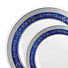 White with Blue and Silver Royal Rim Plastic Dinnerware Value Set (120 Dinner Plates + 120 Salad Plates) Image 1