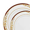 White with Burgundy and Gold Harmony Rim Plastic Dinnerware Value Set (120 Dinner Plates + 120 Salad Plates) Image 1