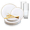White with Gold Rim Organic Round Disposable Plastic Dinnerware Value Set (60 Settings) Image 1