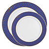 White with Gold Spiral on Blue Rim Plastic Dinnerware Value Set (120 Dinner Plates + 120 Salad Plates) Image 1