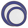 White with Gold Spiral on Blue Rim Plastic Dinnerware Value Set (40 Dinner Plates + 40 Salad Plates) Image 1