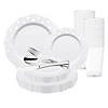 White with Silver Dots Round Blossom Disposable Plastic Wedding Value Set - 20 Settings Image 1