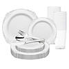 White with Silver Fancy Round Disposable Plastic Wedding Value Set - (120 Settings) Image 1
