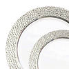 White with Silver Hammered Rim Plastic Dinnerware Value Set (120 Dinner Plates + 120 Salad Plates) Image 1
