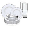 White with Silver Rim Round Blossom Disposable Plastic Dinnerware Value Set (20 Settings) Image 1