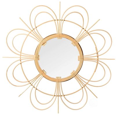 Wickerwise Decorative Flower Shape Woven Rattan Wood Round Modern Hanging Wall Mirror Image 1