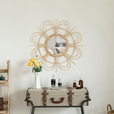 Wickerwise Decorative Flower Shape Woven Rattan Wood Round Modern Hanging Wall Mirror Image 1