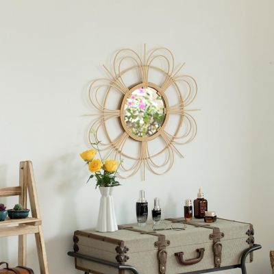 Wickerwise Decorative Flower Shape Woven Rattan Wood Round Modern Hanging Wall Mirror Image 2