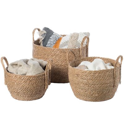 Wickerwise Decorative Round Wicker Woven Rope Storage Blanket Basket with Braided Handles - Set of 3 Image 1