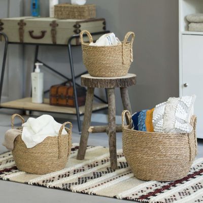 Wickerwise Decorative Round Wicker Woven Rope Storage Blanket Basket with Braided Handles - Set of 3 Image 1