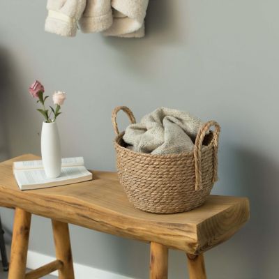 Wickerwise Decorative Round Wicker Woven Rope Storage Blanket Basket with Braided Handles - Small Image 1